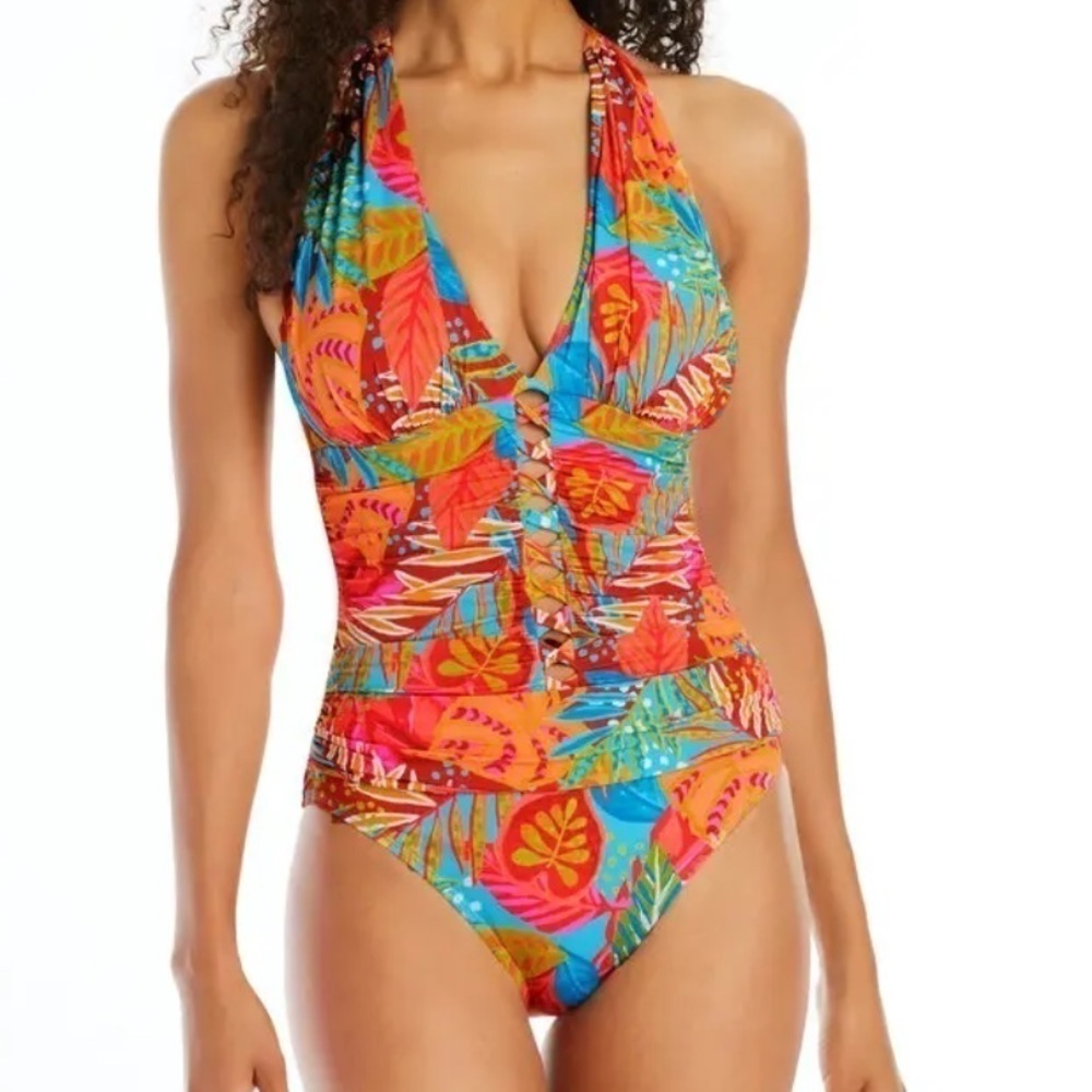 Brand New BLEU ROD BEATTIE Halter Mio One-Piece Swimsuit Orange Multi Tropical